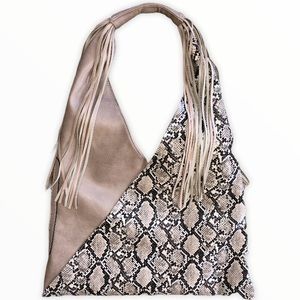 Tan Snakeskin Fringe Tote Bag